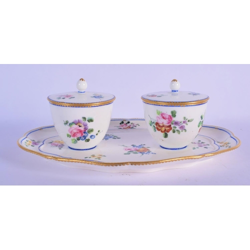 149 - 18th c. Sevres double preserve-stand and two covers (plateau a deux pots de confitures) painted with... 