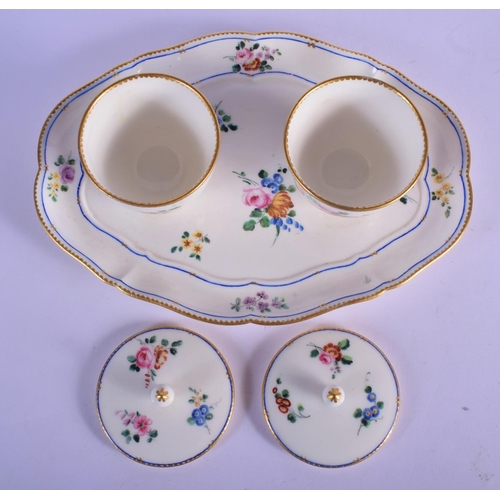 149 - 18th c. Sevres double preserve-stand and two covers (plateau a deux pots de confitures) painted with... 