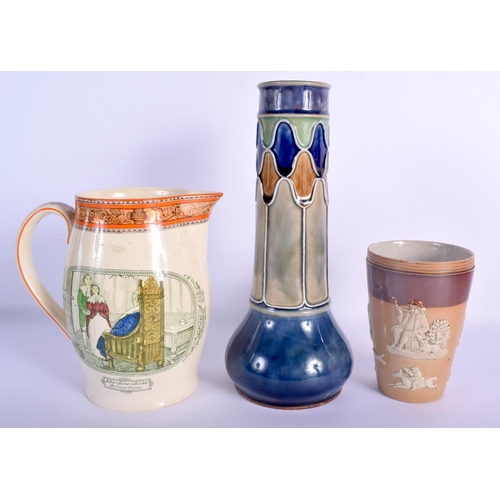 15 - AN ANTIQUE DOULTON STONEWARE BEAKER together with another Doulton vase & a rare Adams jug. Largest 2... 