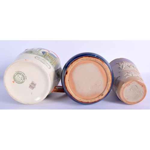 15 - AN ANTIQUE DOULTON STONEWARE BEAKER together with another Doulton vase & a rare Adams jug. Largest 2... 