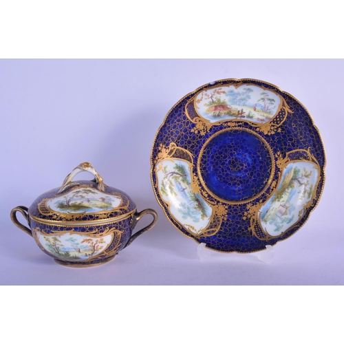 151 - 18th c. Sevres ecuelle, cover and stand finely painted with landscape in shaped cartouches surround ... 