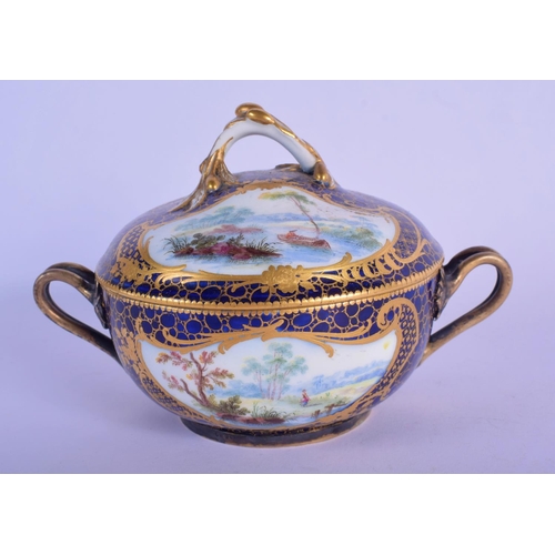 151 - 18th c. Sevres ecuelle, cover and stand finely painted with landscape in shaped cartouches surround ... 