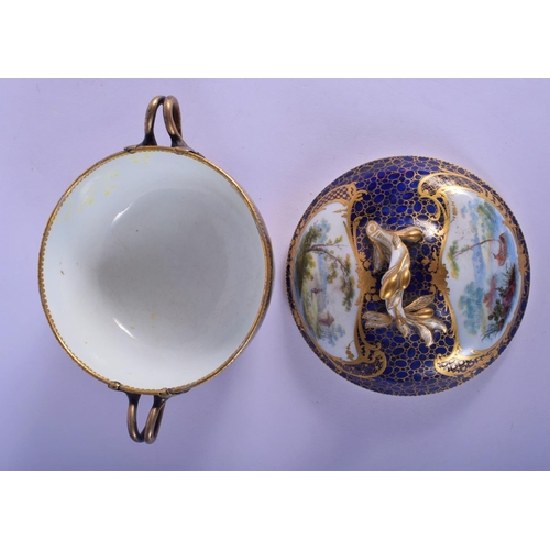 151 - 18th c. Sevres ecuelle, cover and stand finely painted with landscape in shaped cartouches surround ... 