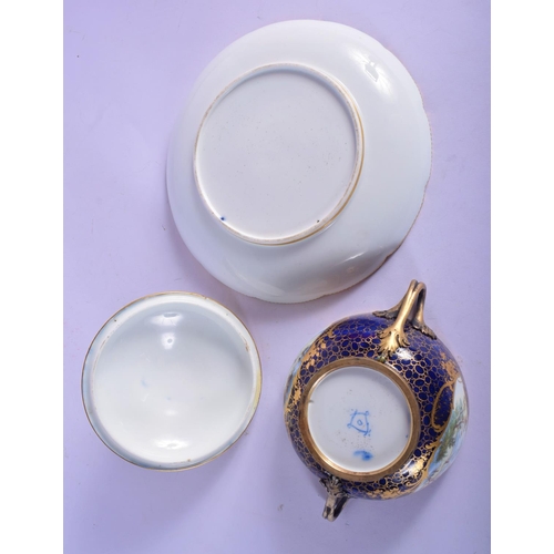 151 - 18th c. Sevres ecuelle, cover and stand finely painted with landscape in shaped cartouches surround ... 