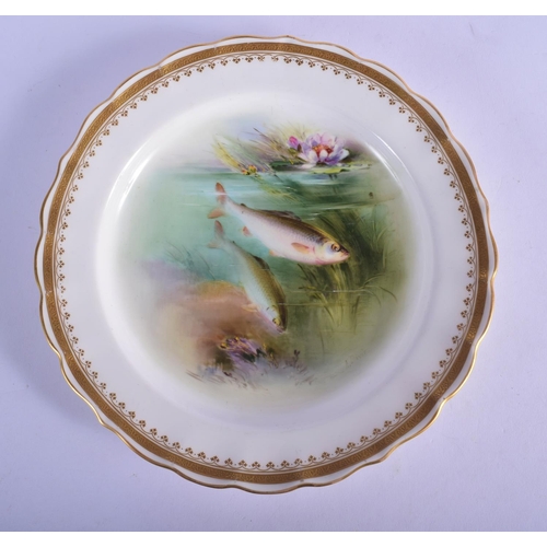 154 - Royal Worcester fine plate painted with swimming fish, titled Roach, by Harry Davis signed date code... 