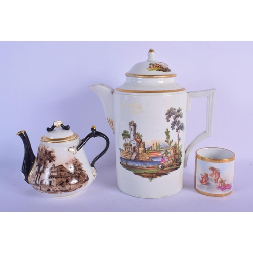 155 - A continental coffee pot and cover, probably Italian,painted with four landscapes, a French teapot a... 