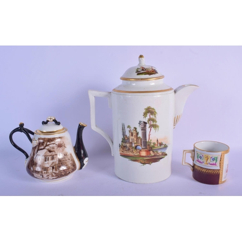 155 - A continental coffee pot and cover, probably Italian,painted with four landscapes, a French teapot a... 