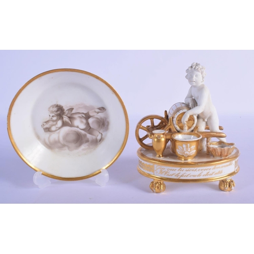 156 - Early 19th c. French inkwell modelled with naked child in basket, pushing a wheelbarrow and a 18th c... 