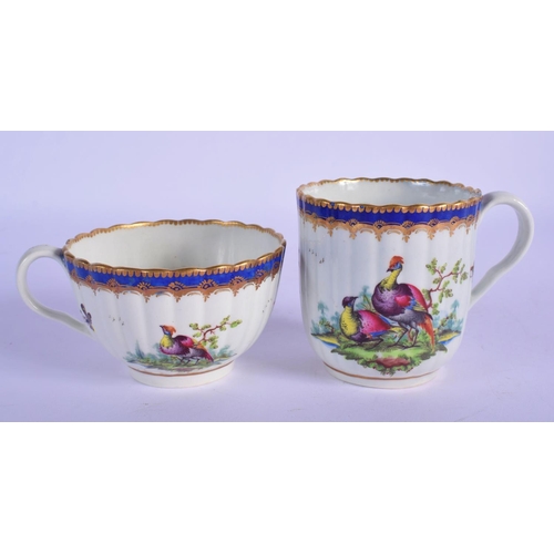 158 - Worcester trio c.1785, comprising a coffee cup, teacup and saucer, the fluted forms painted perhaps ... 