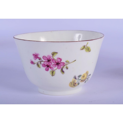 162 - Chelsea teabowl and saucer c.1754, well painted with sprays of flowers, brown line rims, red anchor ... 