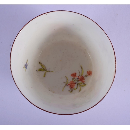 162 - Chelsea teabowl and saucer c.1754, well painted with sprays of flowers, brown line rims, red anchor ... 