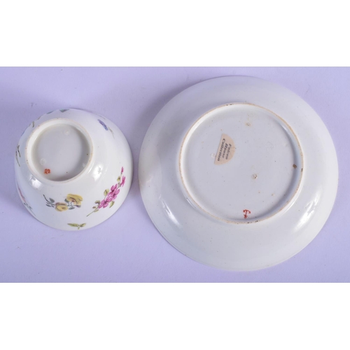 162 - Chelsea teabowl and saucer c.1754, well painted with sprays of flowers, brown line rims, red anchor ... 