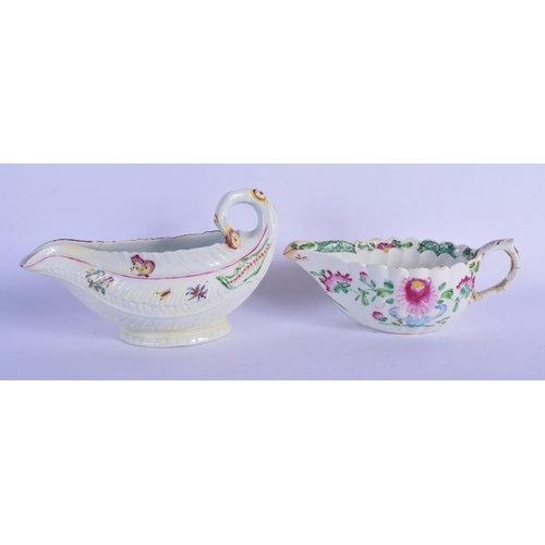 163 - 18th c. Worcester cos lettuce sauceboat painted wth flowers and insects and an early Bow sauceboat p... 