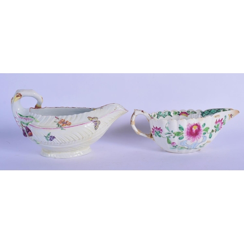 163 - 18th c. Worcester cos lettuce sauceboat painted wth flowers and insects and an early Bow sauceboat p... 