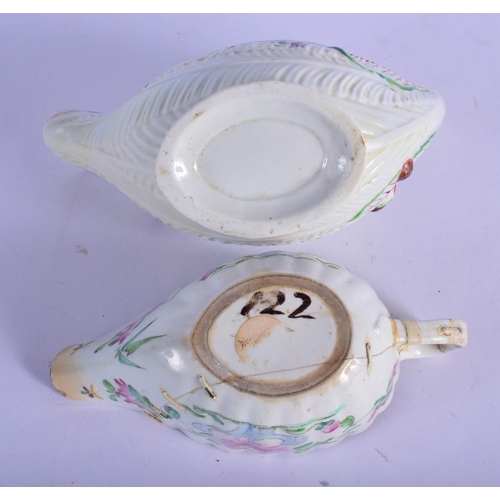 163 - 18th c. Worcester cos lettuce sauceboat painted wth flowers and insects and an early Bow sauceboat p... 