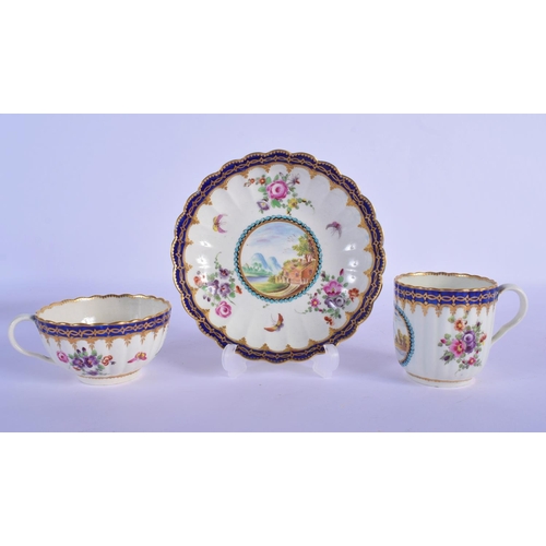 168 - Worcester trio c.1780, comprising a teacup, coffee cup and saucer, the fluted forms decorated in the... 