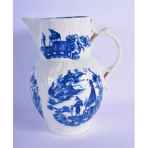 170 - 18th c. Caughely cabbage leaf moulded mask jug printed with five landscape scenes.  20cm High