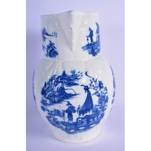 170 - 18th c. Caughely cabbage leaf moulded mask jug printed with five landscape scenes.  20cm High