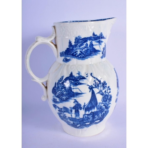 170 - 18th c. Caughely cabbage leaf moulded mask jug printed with five landscape scenes.  20cm High