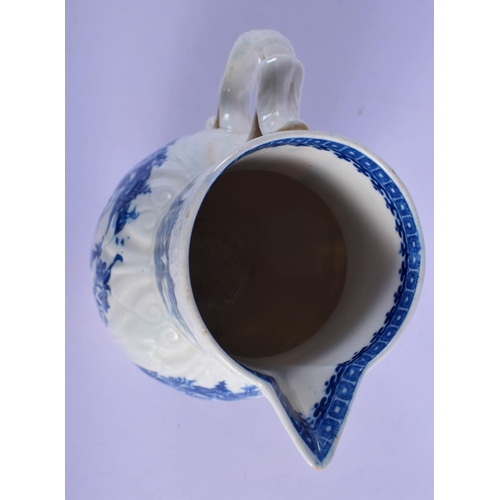 170 - 18th c. Caughely cabbage leaf moulded mask jug printed with five landscape scenes.  20cm High