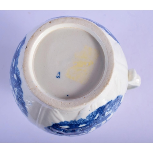 170 - 18th c. Caughely cabbage leaf moulded mask jug printed with five landscape scenes.  20cm High