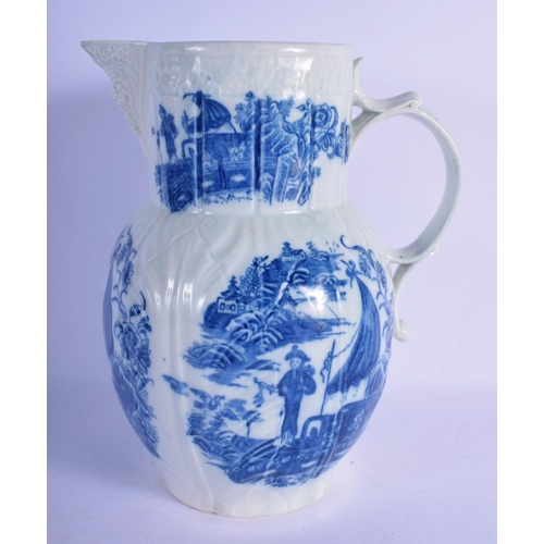 175 - Caughley large size mask jug printed with the Fisherman and Cormorant pattern.  24cm High