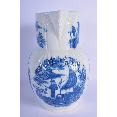 175 - Caughley large size mask jug printed with the Fisherman and Cormorant pattern.  24cm High