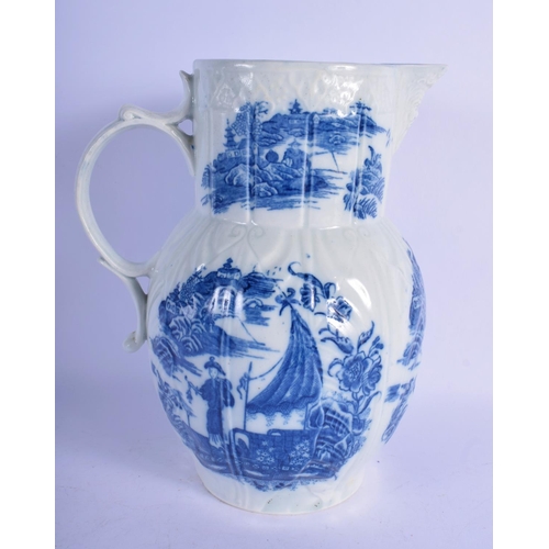 175 - Caughley large size mask jug printed with the Fisherman and Cormorant pattern.  24cm High