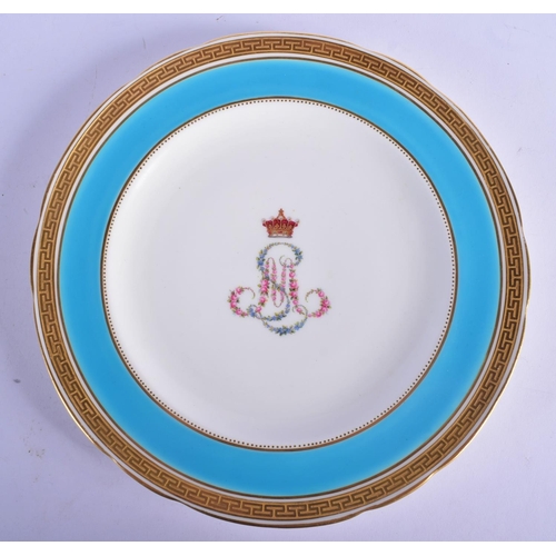177 - Minton plate with Earls Coronet and initials S. M. under a turquoise and acid etched Greek key bord... 