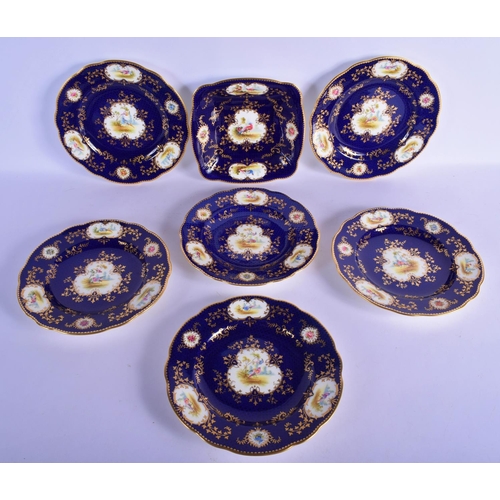 179 - Late 19th / Early 20th c. Coalport set of six plates and a square dish painted with birds in gilt ca... 