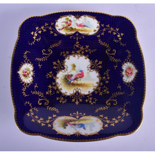 179 - Late 19th / Early 20th c. Coalport set of six plates and a square dish painted with birds in gilt ca... 
