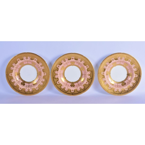 180 - Coalport soup plates with pink ground profusly decorated with acid etched gilding, made for Gilman C... 