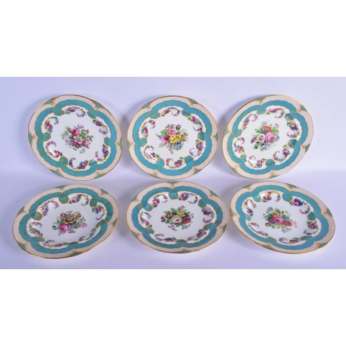 181 - Copeland Spode set of six plates beautifully painted with flowers in Sevres style surrounded turquoi... 