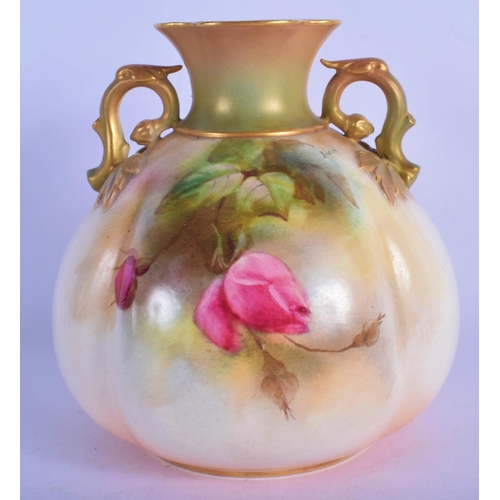 187 - Royal Worcester lobed two handled mellon shaped vase painted with roses by Hood, signed, date code 1... 