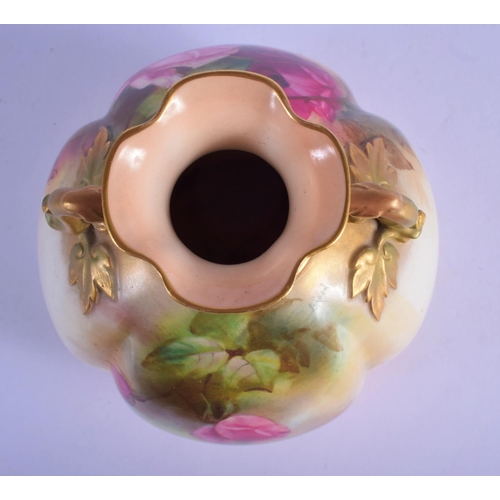 187 - Royal Worcester lobed two handled mellon shaped vase painted with roses by Hood, signed, date code 1... 