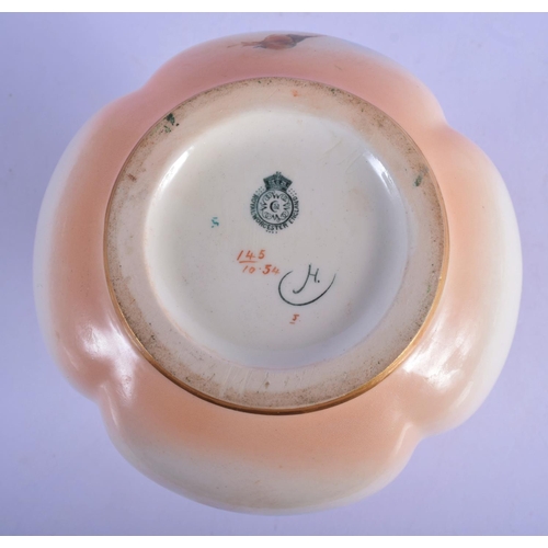 187 - Royal Worcester lobed two handled mellon shaped vase painted with roses by Hood, signed, date code 1... 