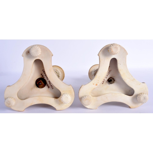 19 - A RARE PAIR OF 19TH CENTURY COPELAND ART UNION PAINTED PORCELAIN CANDLESTICKS overlaid with foliage ... 