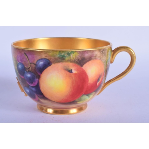 194 - Royal Worcester teacup and saucer painted with fruit Ayrton and Smith, black mark to both.  Cup 6cm ... 