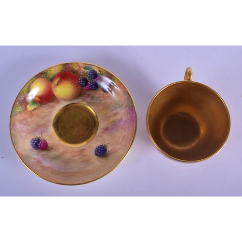 194 - Royal Worcester teacup and saucer painted with fruit Ayrton and Smith, black mark to both.  Cup 6cm ... 