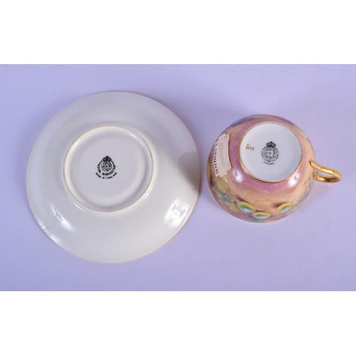 194 - Royal Worcester teacup and saucer painted with fruit Ayrton and Smith, black mark to both.  Cup 6cm ... 