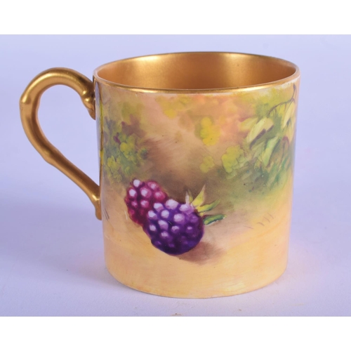 195 - Royal Worcester coffee can and saucer painted with fruit by Ayrton and Moseley, signed, date code 19... 