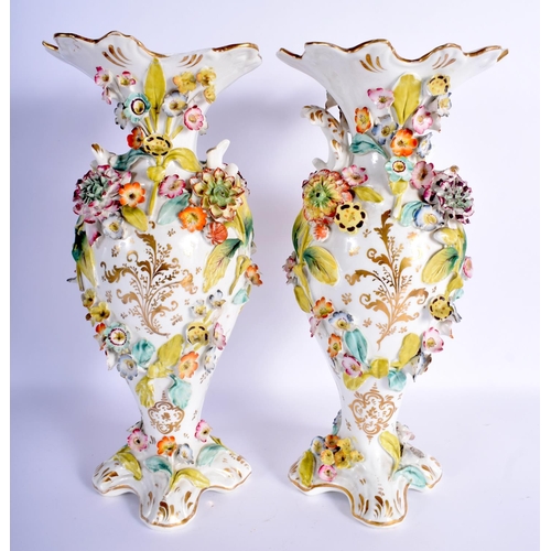 21 - A LARGE PAIR OF EARLY 19TH CENTURY ENGLISH ENCRUSTED PORCELAIN VASES Coalport or Rockingham, togethe... 