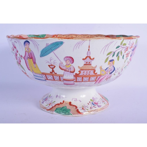 234 - A LARGE ANTIQUE STAFFORDSHIRE PEDESTAL POTTERY BOWL printed with Chinese scenes, together with three... 