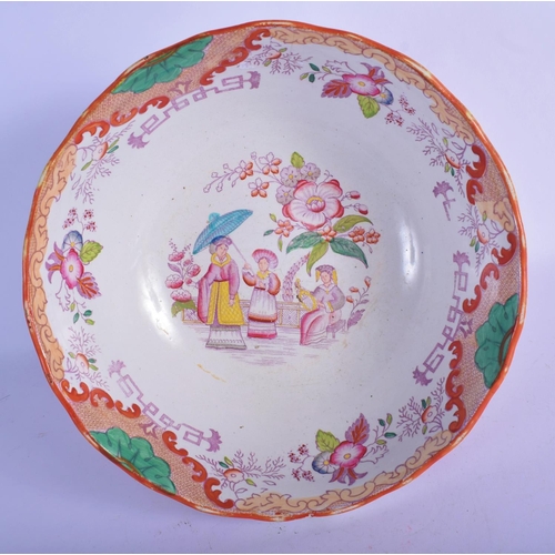 234 - A LARGE ANTIQUE STAFFORDSHIRE PEDESTAL POTTERY BOWL printed with Chinese scenes, together with three... 