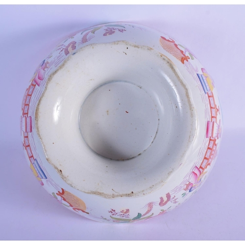 234 - A LARGE ANTIQUE STAFFORDSHIRE PEDESTAL POTTERY BOWL printed with Chinese scenes, together with three... 