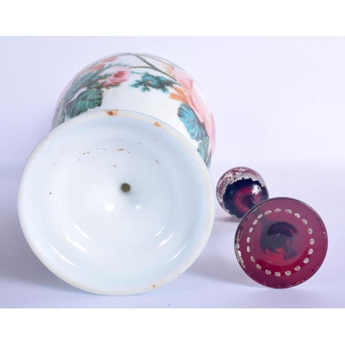 27 - A LARGE EARLY 20TH CENTURY BOHEMIAN ENAMELLED OPALINE GLASS VASE and a small deer cup. Largest 33 cm... 