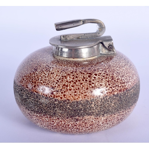 28 - A CHARMING ANTIQUE SCOTTISH PAINTED POTTERY CURLING STONE INKWELL with silver plated mounts. 7.5 cm ... 