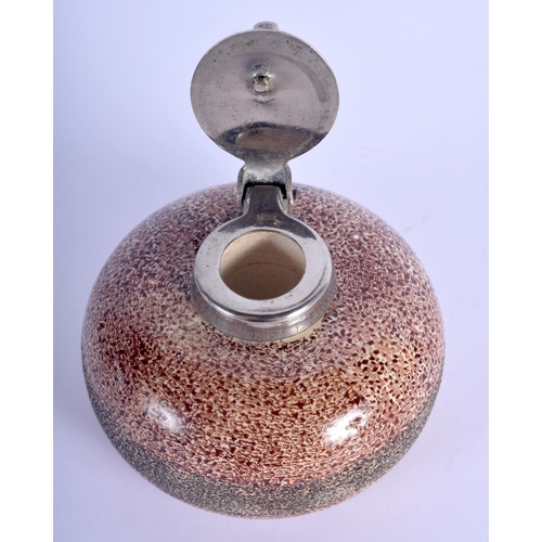 28 - A CHARMING ANTIQUE SCOTTISH PAINTED POTTERY CURLING STONE INKWELL with silver plated mounts. 7.5 cm ... 