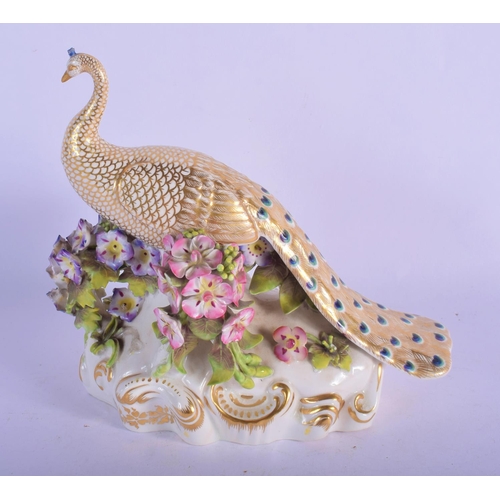 302 - A RARE EARLY 19TH CENTURY DERBY PORCELAIN FIGURE OF A PEACOCK modelled upon an encrusted base. 16 cm... 