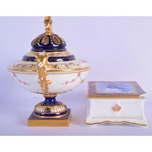 304 - A ROYAL WORCESTER TWIN HANDLED VASE AND COVER together with a Royal doulton golfing box. Largest 17 ... 